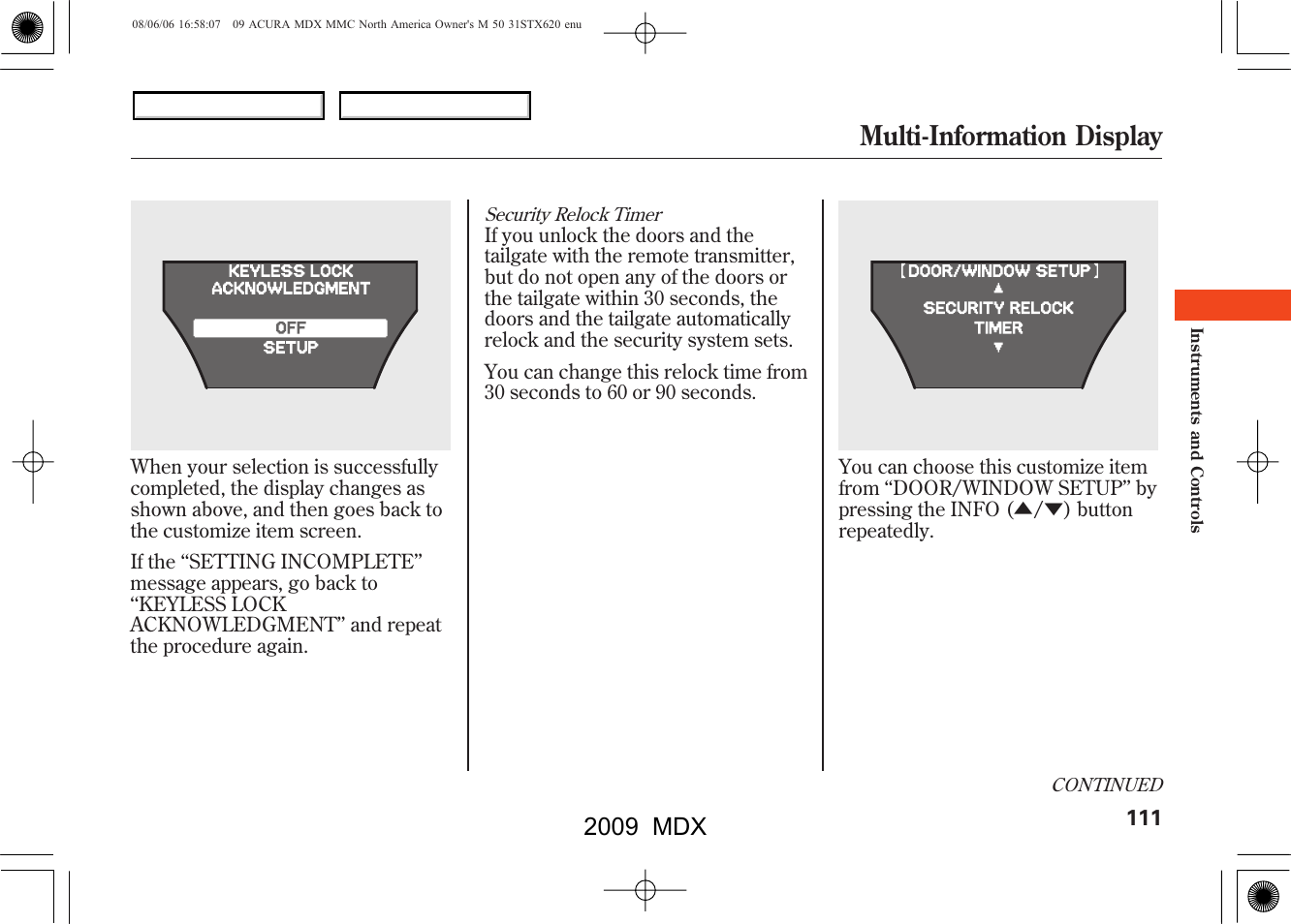 Multi-information display, 2009 mdx | Acura 2009 MDX User Manual | Page 115 / 489