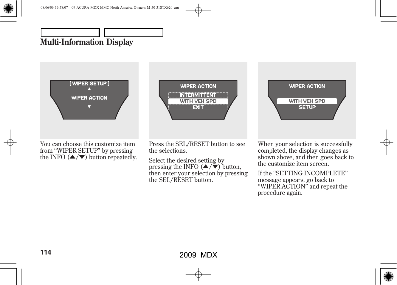 Multi-information display, 2009 mdx | Acura 2009 MDX User Manual | Page 118 / 489