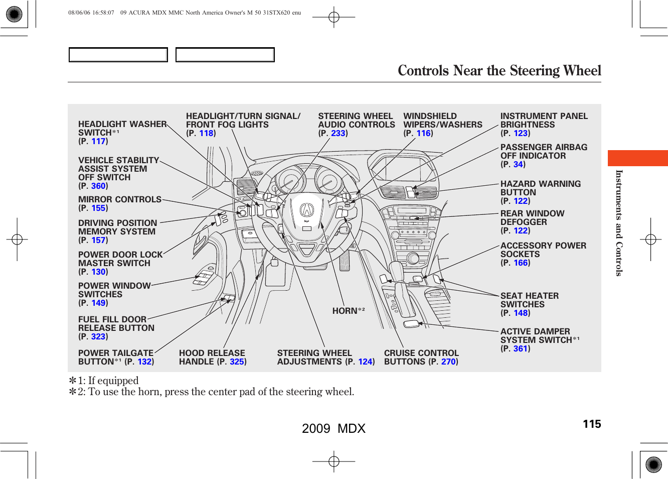 Controls near the steering wheel, 2009 mdx | Acura 2009 MDX User Manual | Page 119 / 489