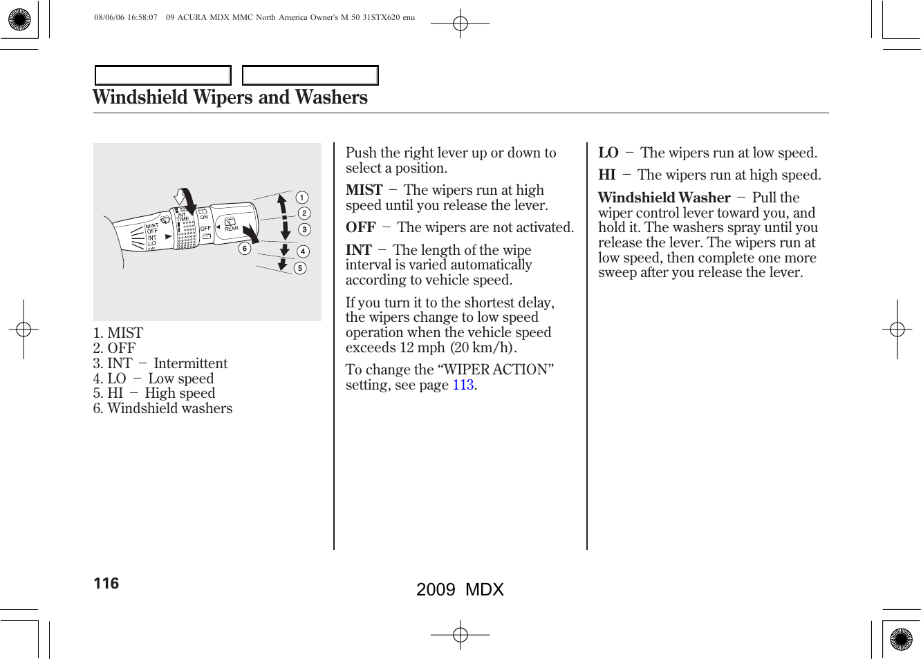 Windshield wipers and washers, 2009 mdx | Acura 2009 MDX User Manual | Page 120 / 489