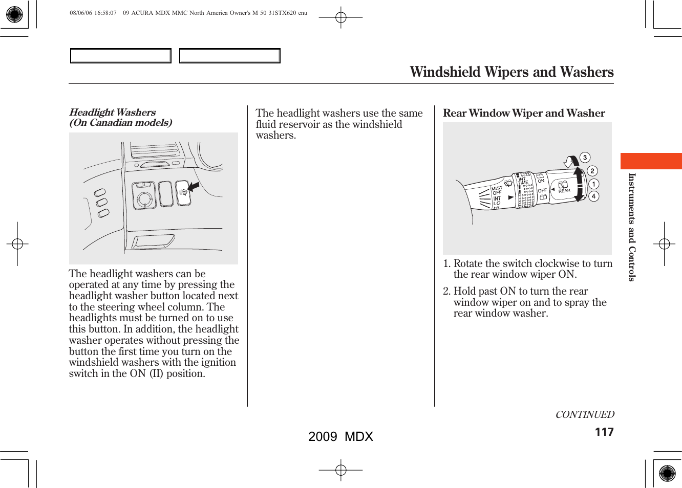 Windshield wipers and washers, 2009 mdx | Acura 2009 MDX User Manual | Page 121 / 489
