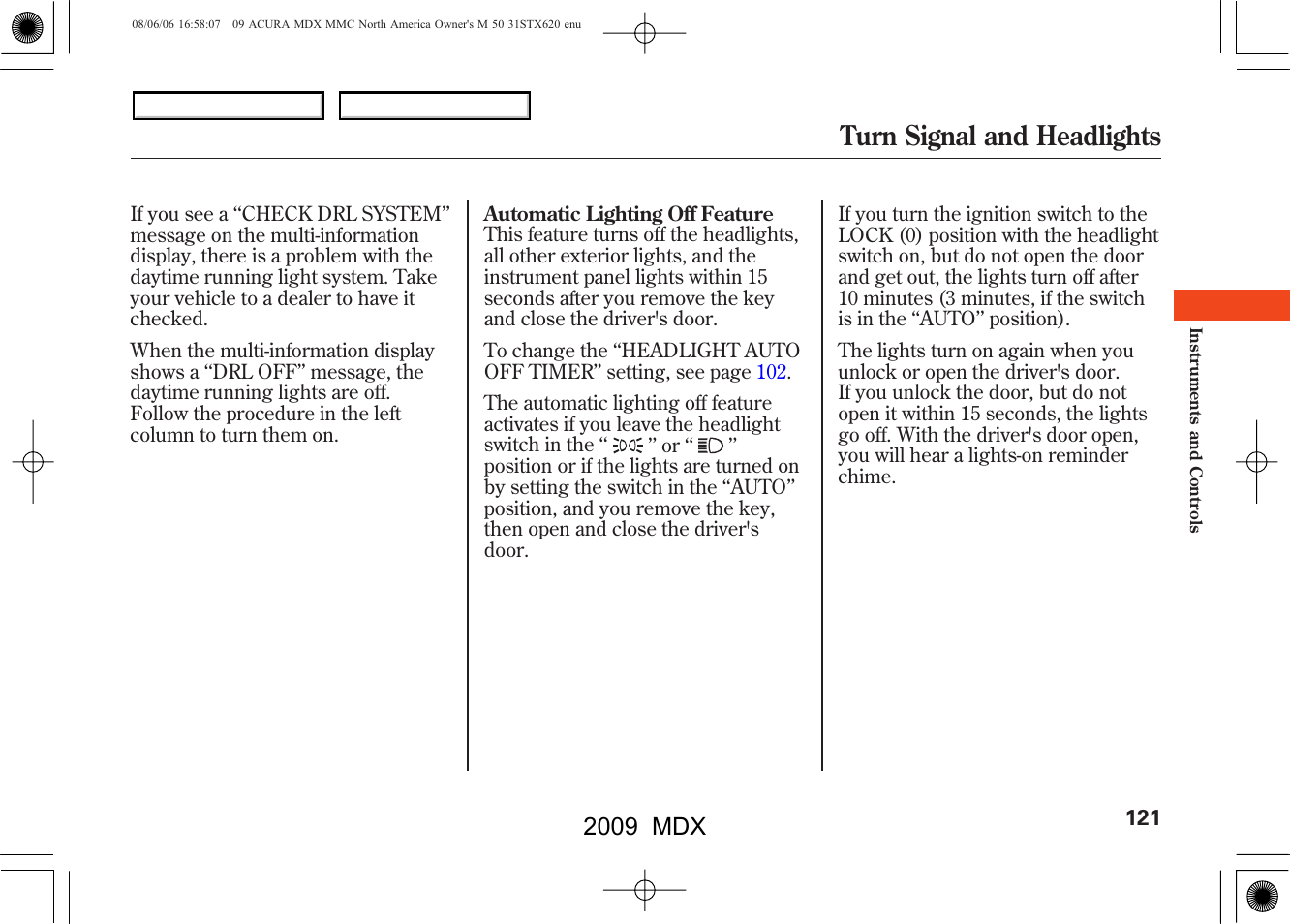 Turn signal and headlights, 2009 mdx | Acura 2009 MDX User Manual | Page 125 / 489