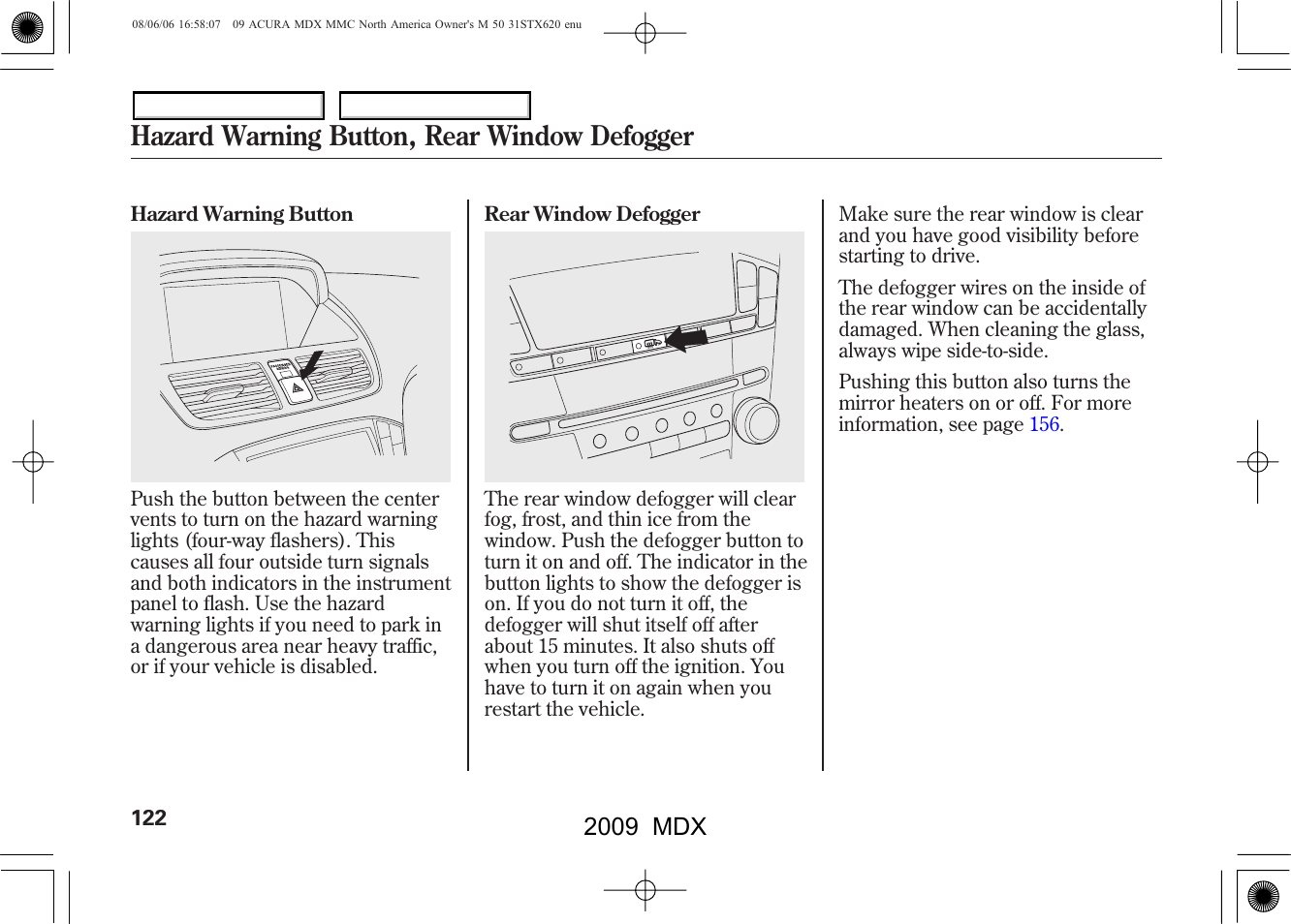 Hazard warning button, rear window defogger, 2009 mdx | Acura 2009 MDX User Manual | Page 126 / 489