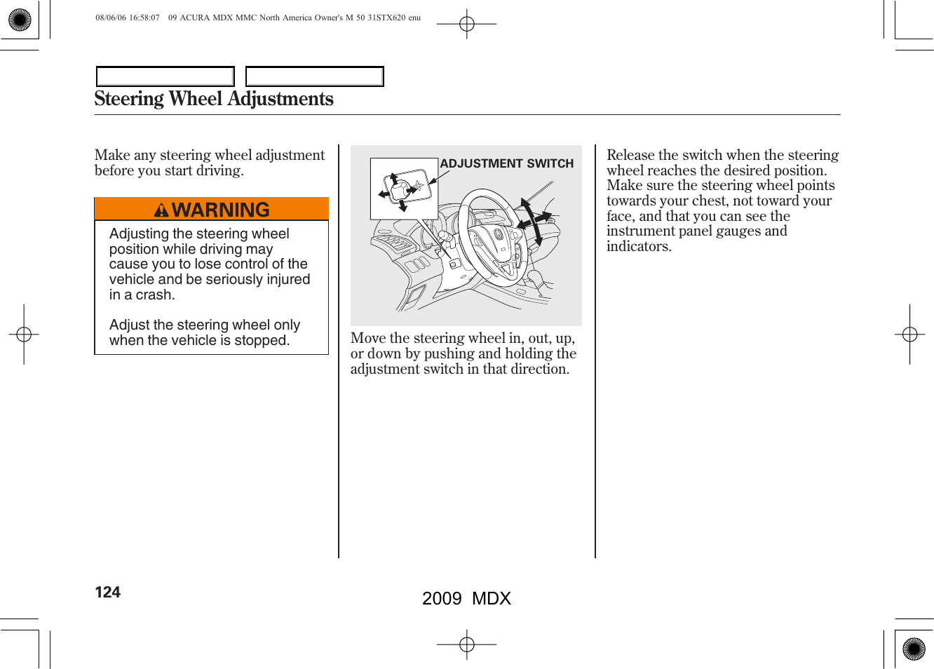 Steering wheel adjustments, 2009 mdx | Acura 2009 MDX User Manual | Page 128 / 489