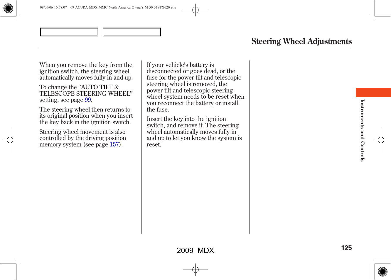 Steering wheel adjustments, 2009 mdx | Acura 2009 MDX User Manual | Page 129 / 489