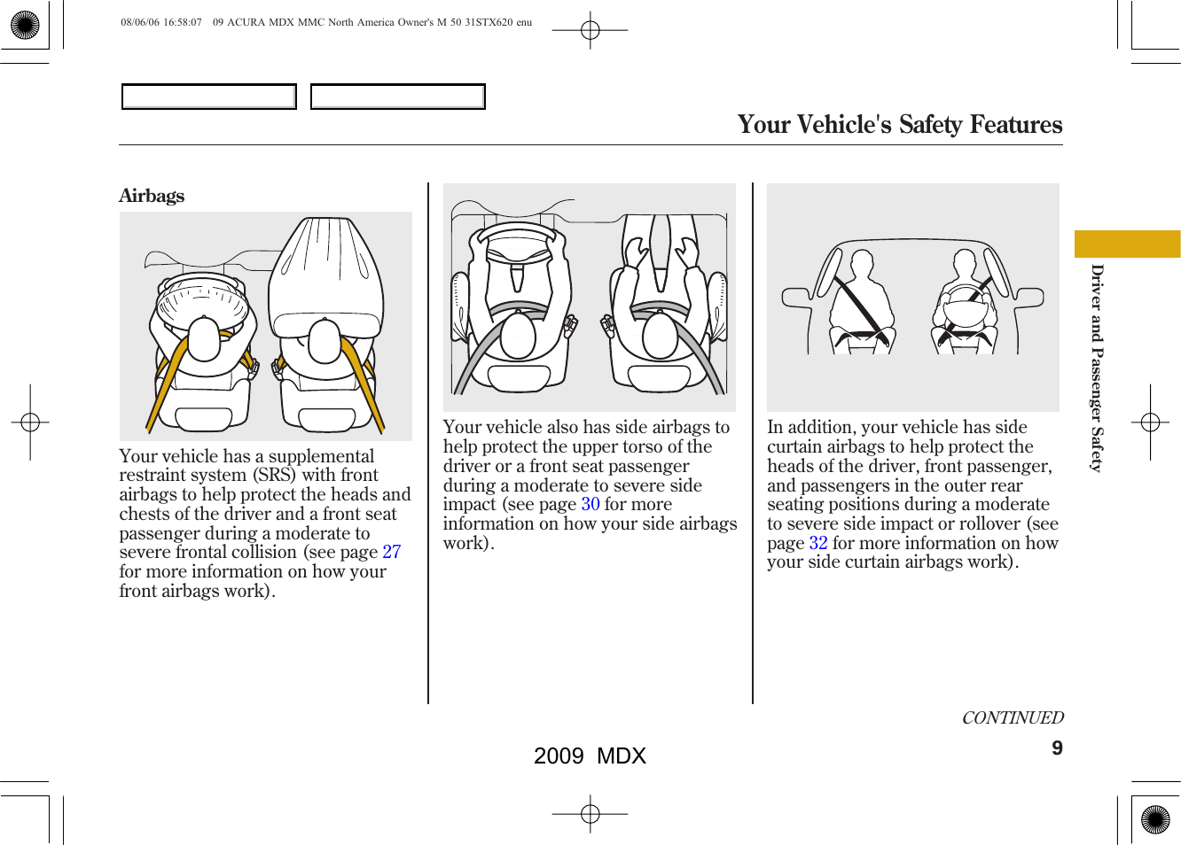 Your vehicle's safety features, 2009 mdx | Acura 2009 MDX User Manual | Page 13 / 489