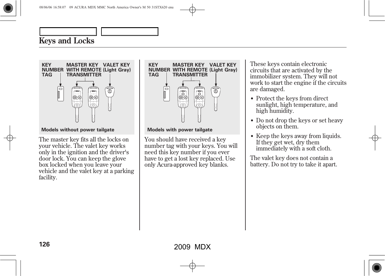 Keys and locks, 2009 mdx | Acura 2009 MDX User Manual | Page 130 / 489