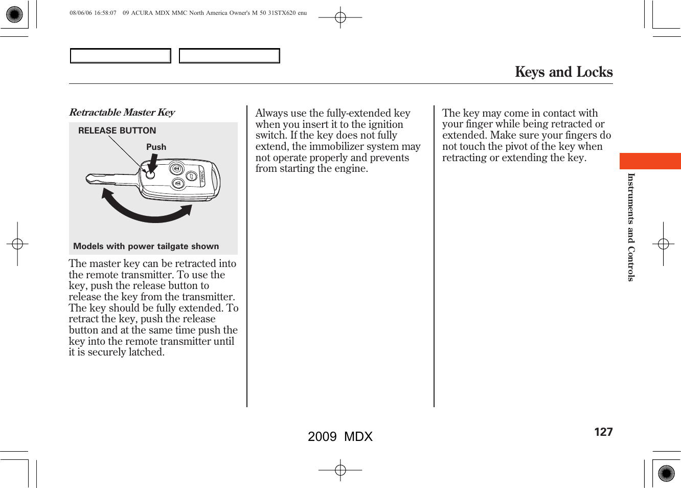 Keys and locks, 2009 mdx | Acura 2009 MDX User Manual | Page 131 / 489