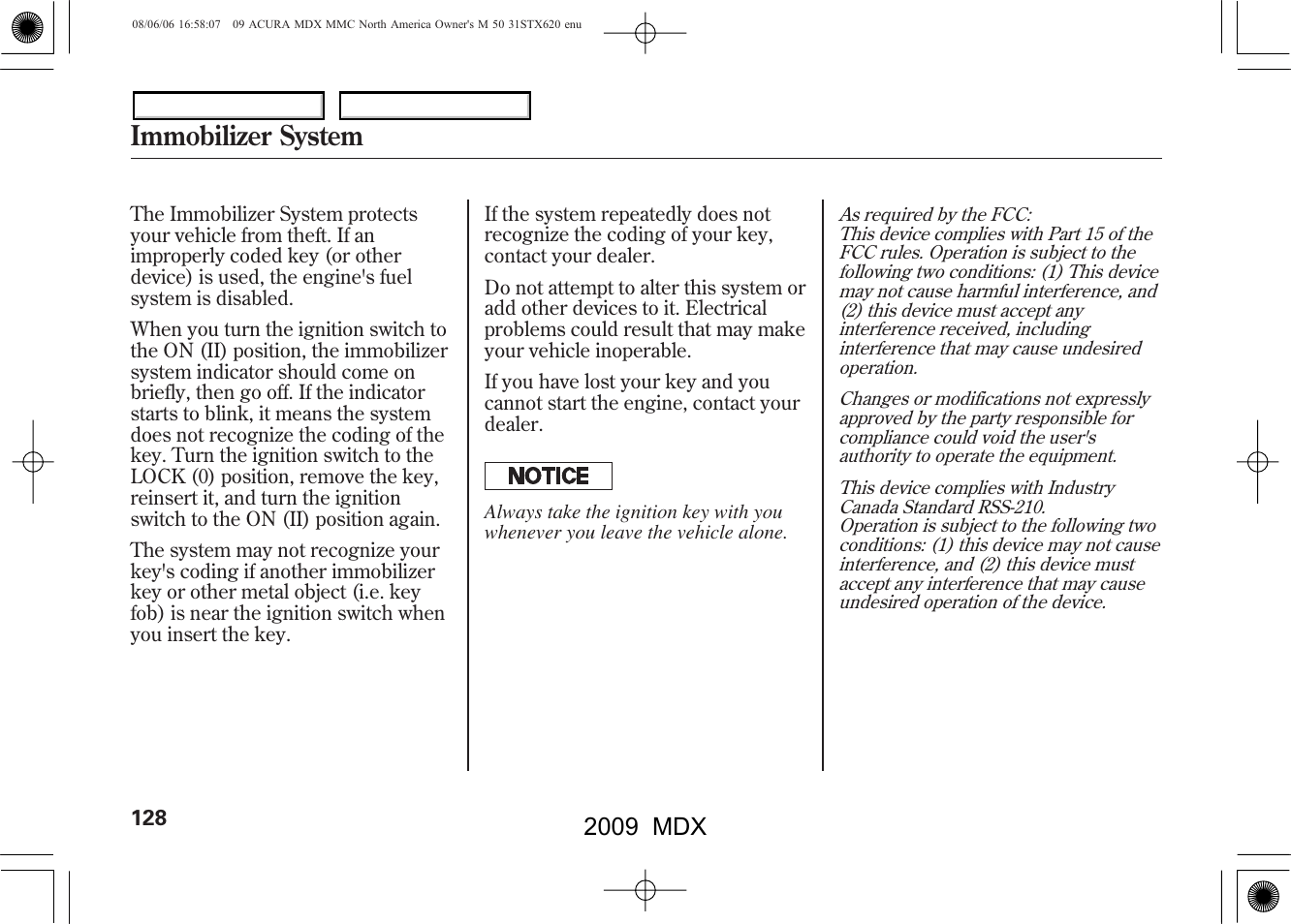 Immobilizer system, 2009 mdx | Acura 2009 MDX User Manual | Page 132 / 489