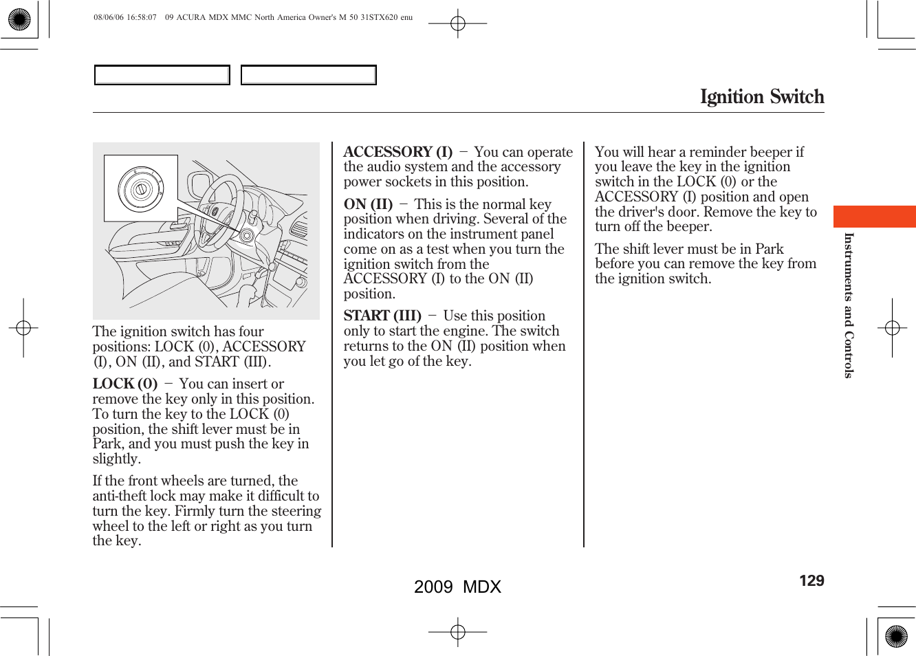 Ignition switch, 2009 mdx | Acura 2009 MDX User Manual | Page 133 / 489