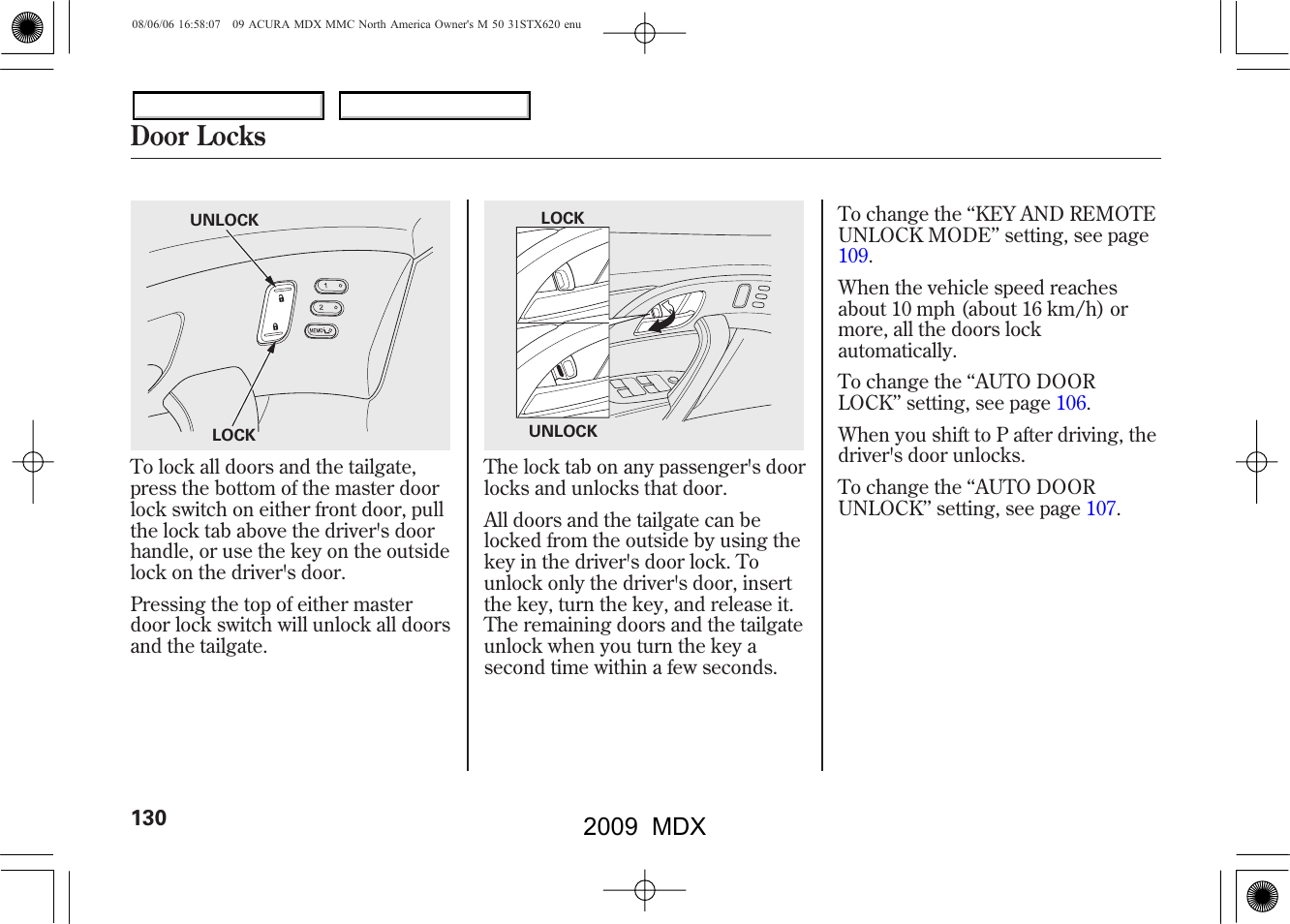 Door locks, 2009 mdx | Acura 2009 MDX User Manual | Page 134 / 489