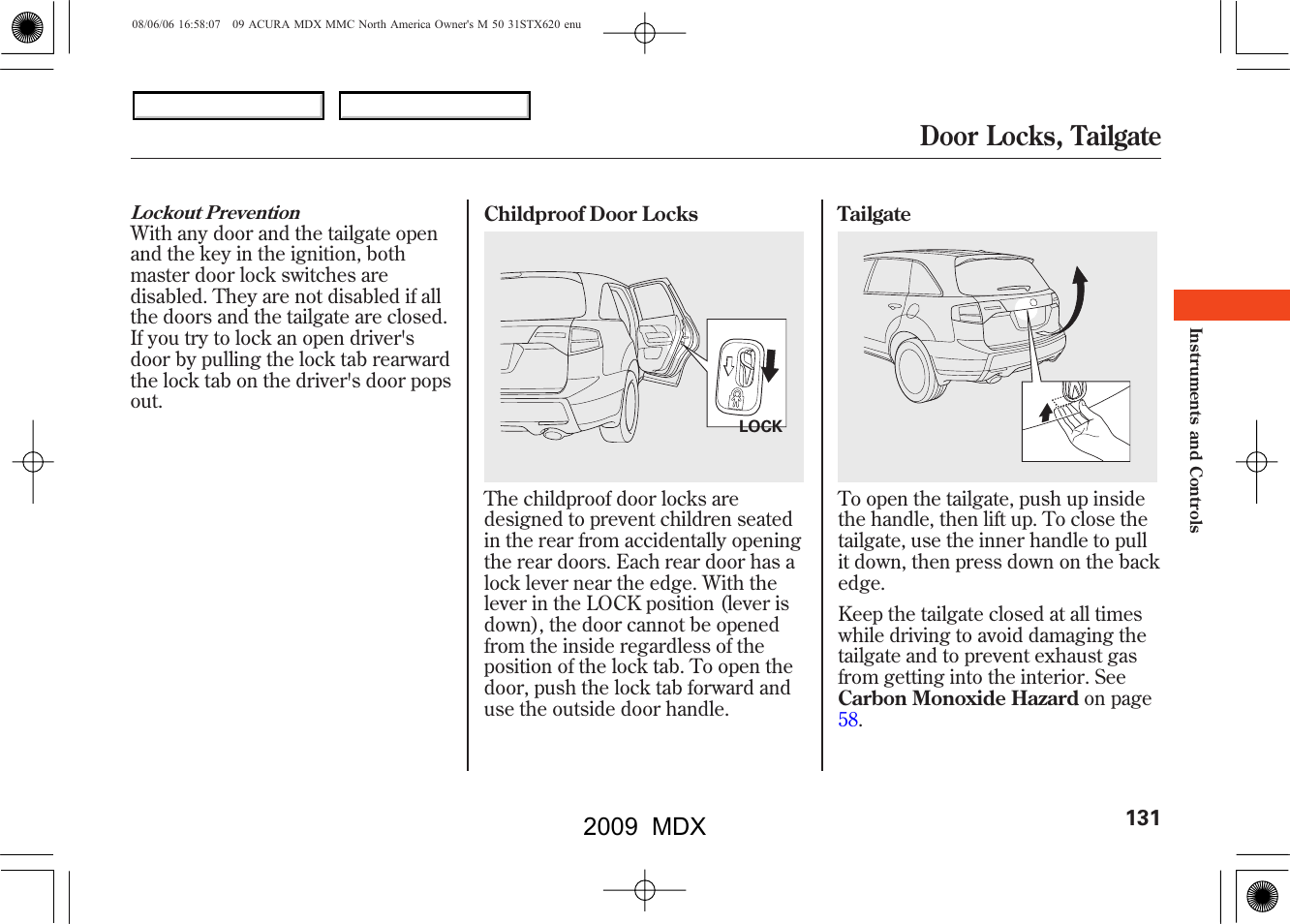 Door locks, tailgate, 2009 mdx | Acura 2009 MDX User Manual | Page 135 / 489