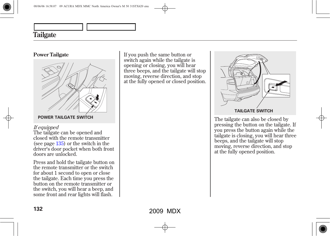 Tailgate, 2009 mdx | Acura 2009 MDX User Manual | Page 136 / 489