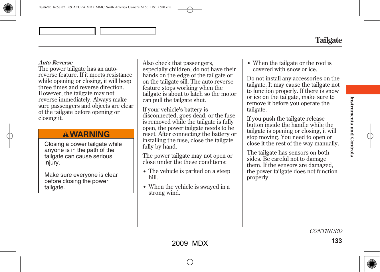 Tailgate, 2009 mdx | Acura 2009 MDX User Manual | Page 137 / 489