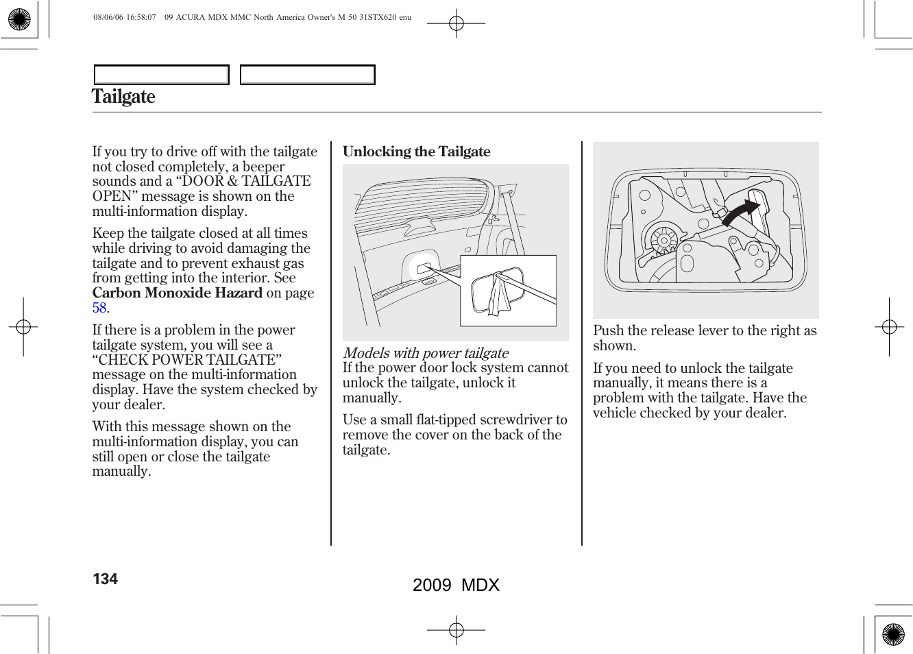 Tailgate, 2009 mdx | Acura 2009 MDX User Manual | Page 138 / 489