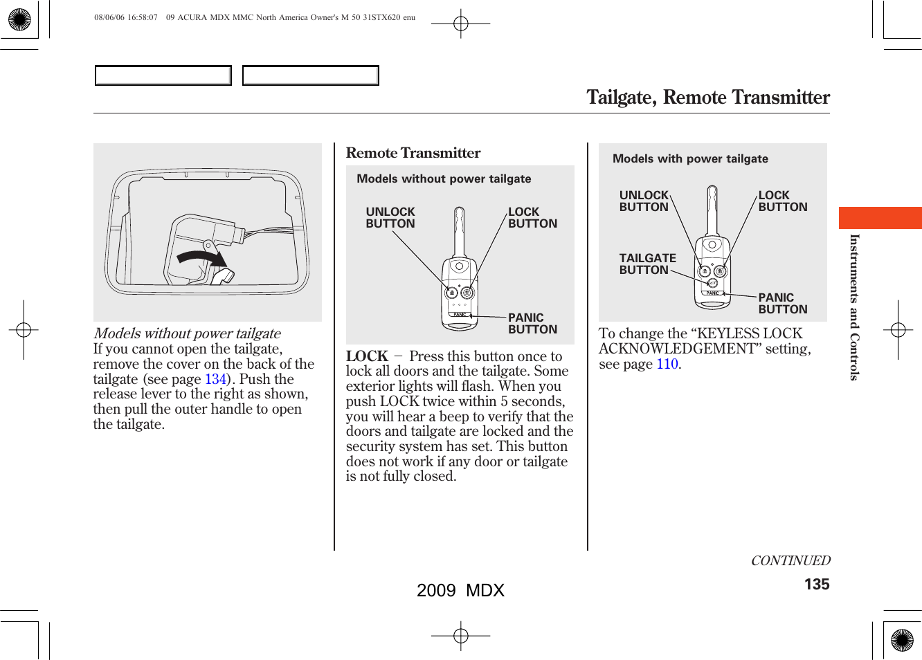 Tailgate, remote transmitter, 2009 mdx | Acura 2009 MDX User Manual | Page 139 / 489