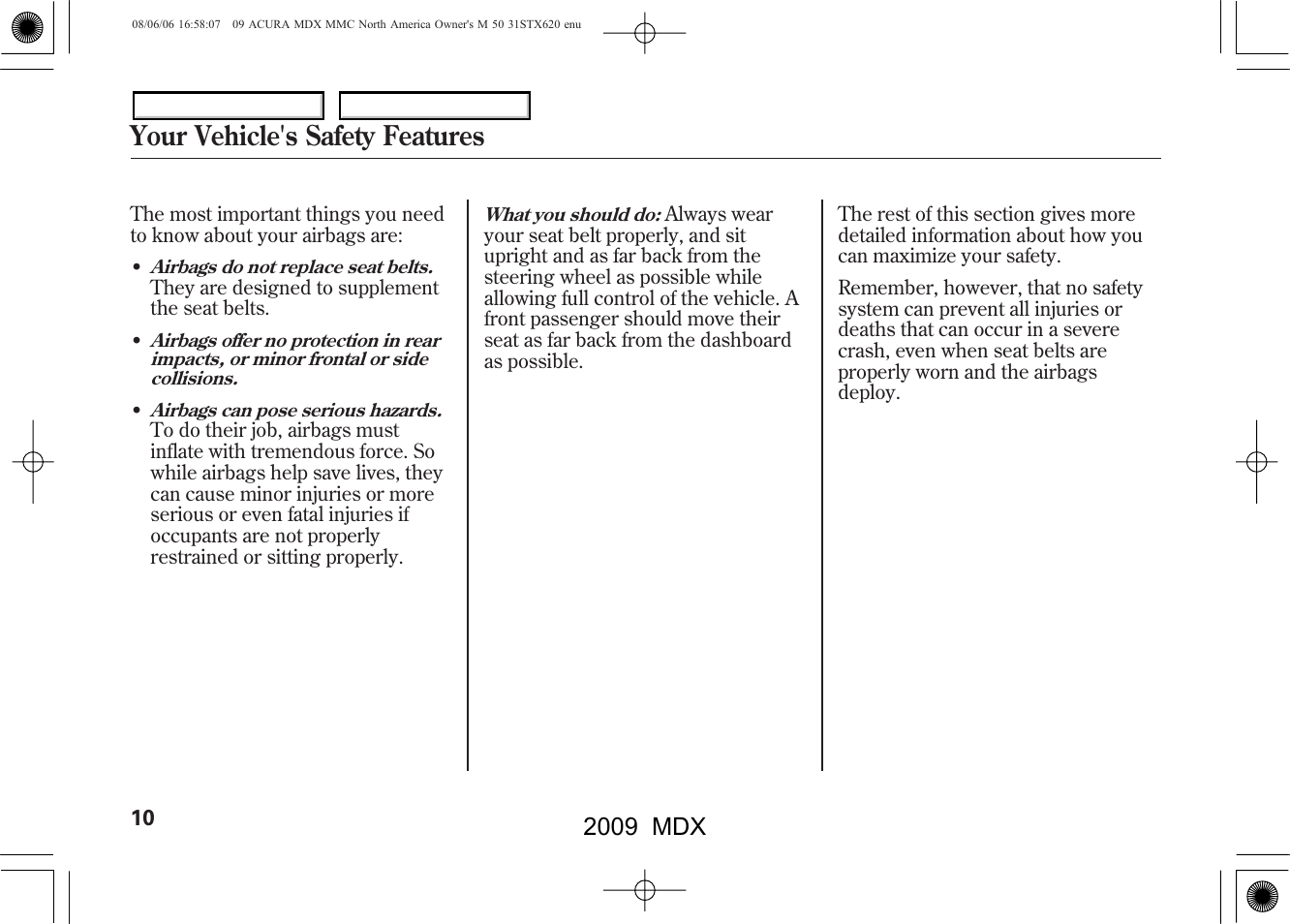 Your vehicle's safety features, 2009 mdx | Acura 2009 MDX User Manual | Page 14 / 489