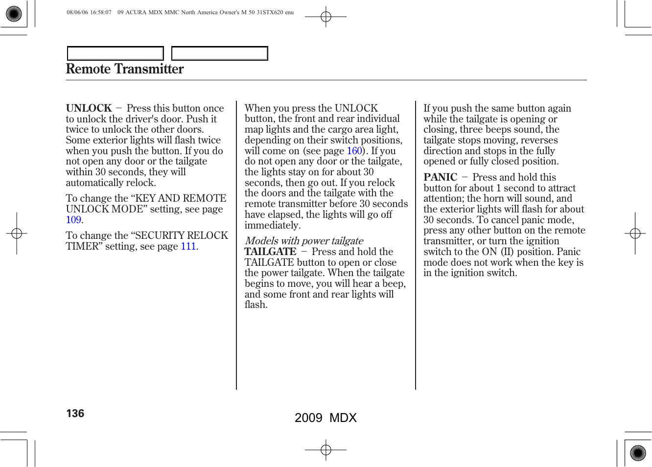 Remote transmitter, 2009 mdx | Acura 2009 MDX User Manual | Page 140 / 489