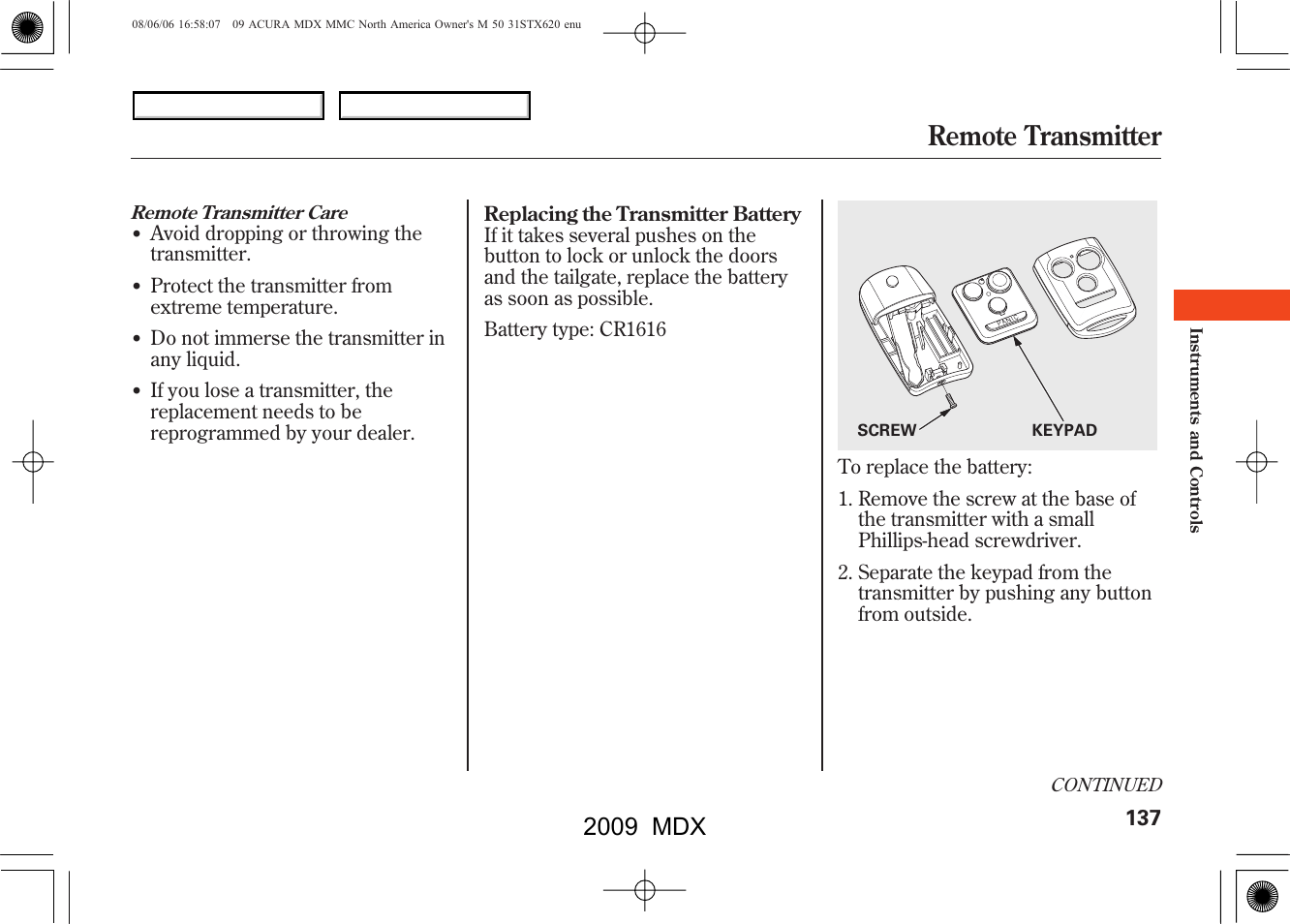 Remote transmitter, 2009 mdx | Acura 2009 MDX User Manual | Page 141 / 489