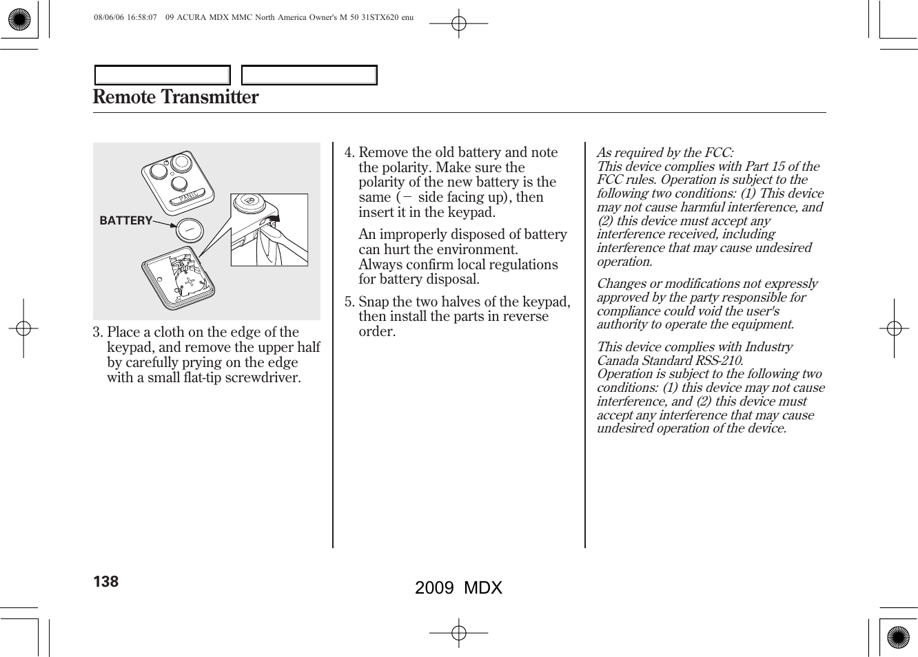Remote transmitter, 2009 mdx | Acura 2009 MDX User Manual | Page 142 / 489