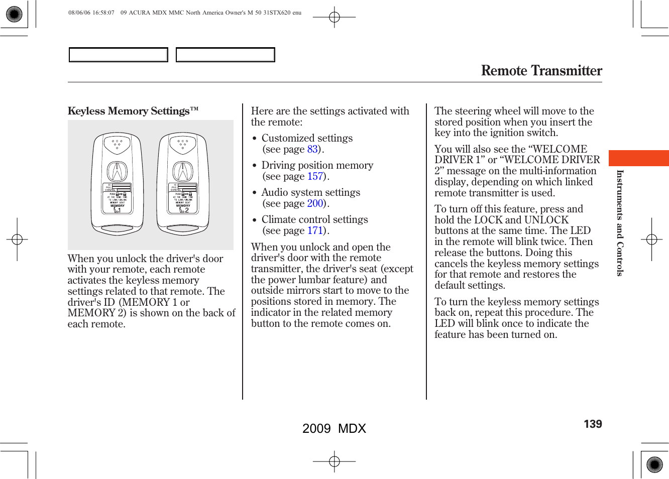 Remote transmitter, 2009 mdx | Acura 2009 MDX User Manual | Page 143 / 489