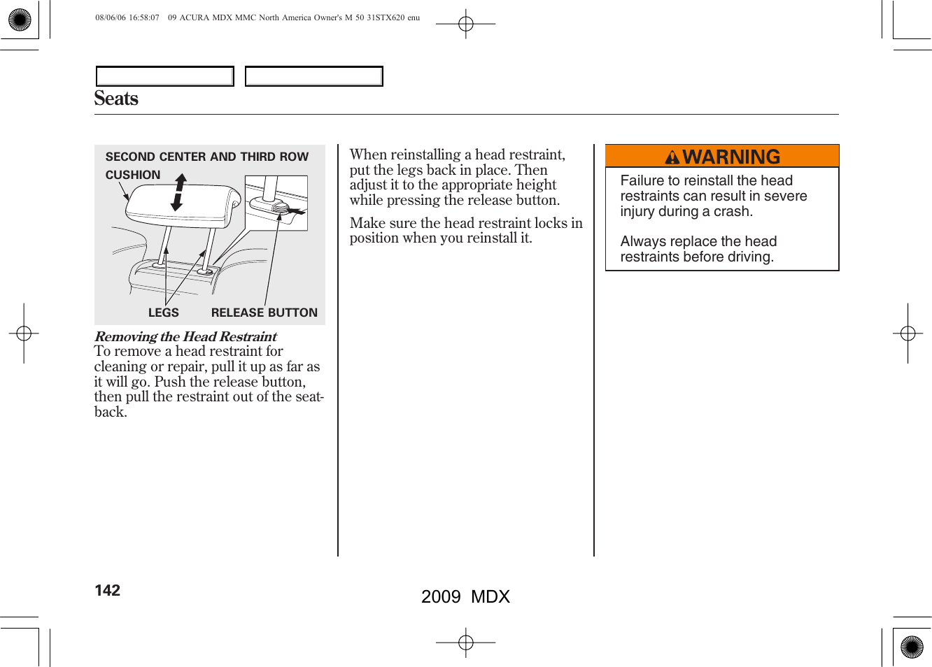 Seats, 2009 mdx | Acura 2009 MDX User Manual | Page 146 / 489