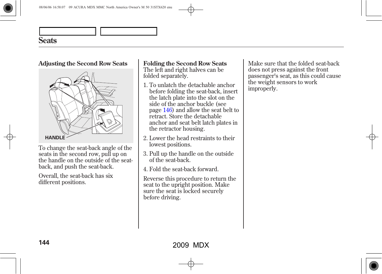 Seats, 2009 mdx | Acura 2009 MDX User Manual | Page 148 / 489