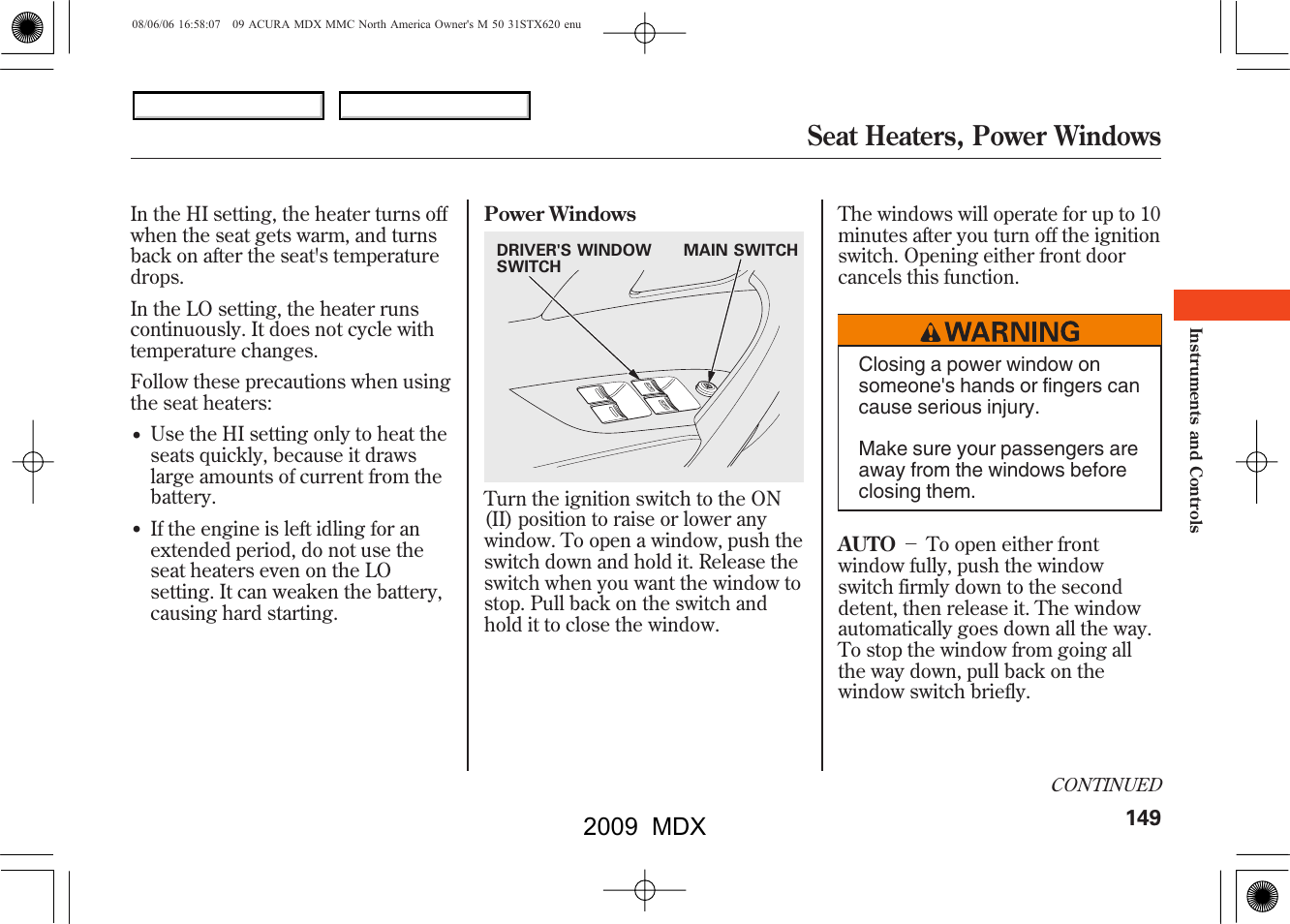 Seat heaters, power windows, 2009 mdx | Acura 2009 MDX User Manual | Page 153 / 489