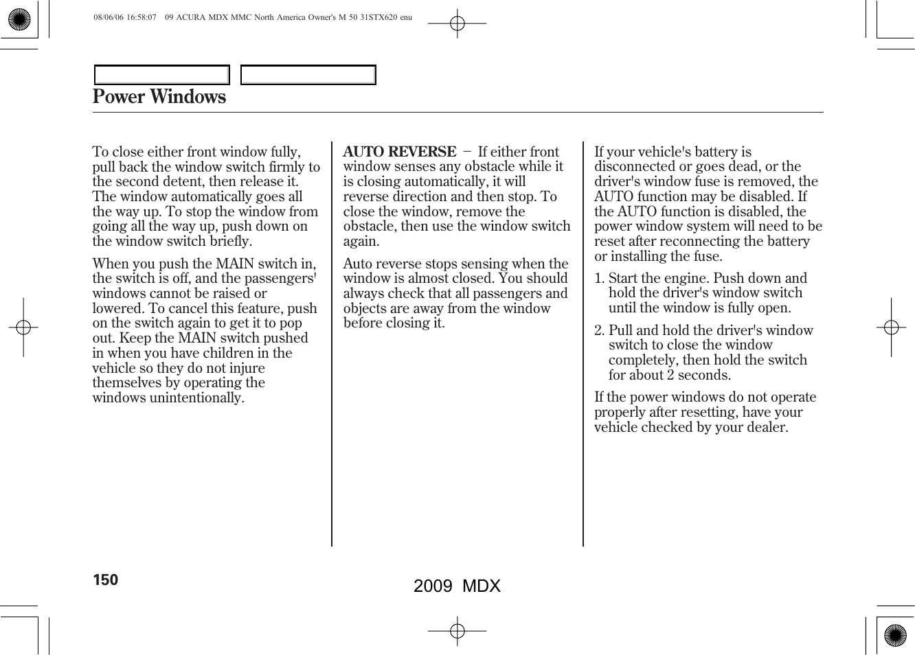 Power windows, 2009 mdx | Acura 2009 MDX User Manual | Page 154 / 489