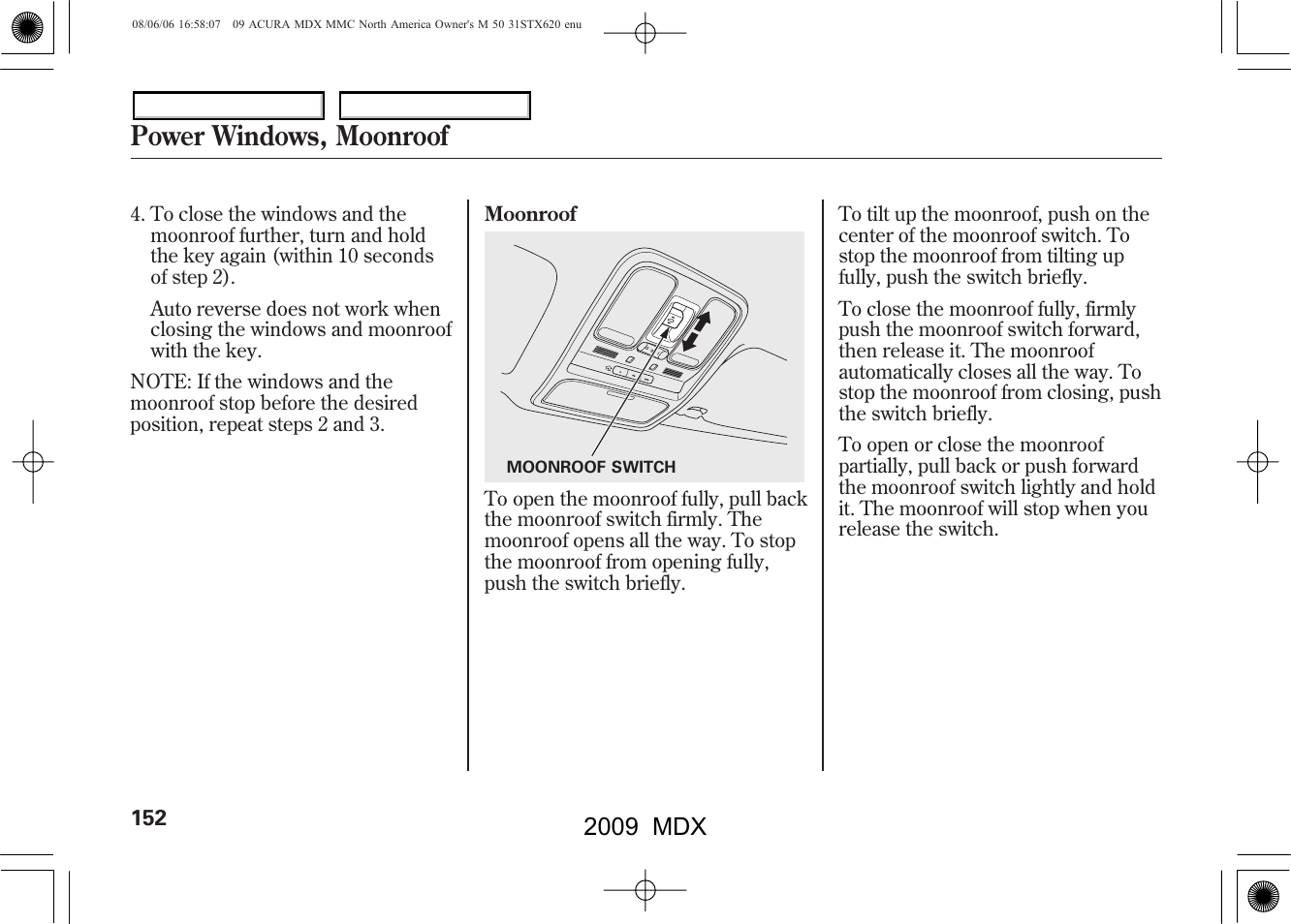 Power windows, moonroof, 2009 mdx | Acura 2009 MDX User Manual | Page 156 / 489