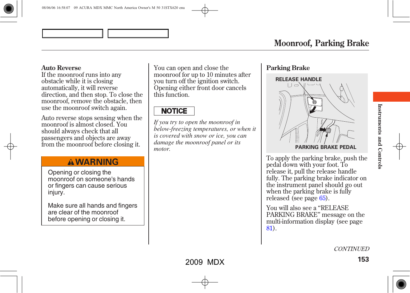 Moonroof, parking brake, 2009 mdx | Acura 2009 MDX User Manual | Page 157 / 489