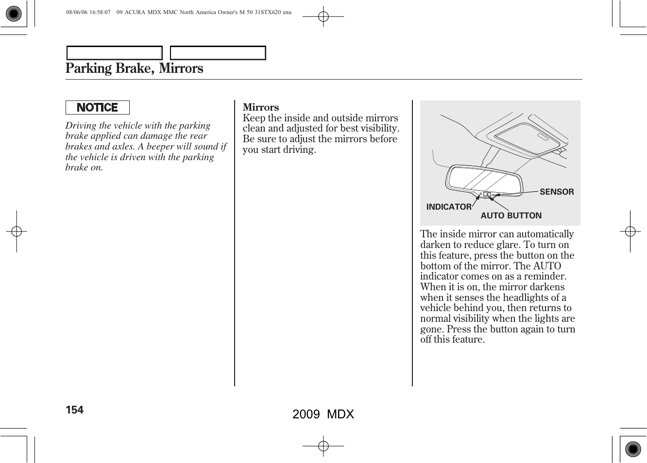 Parking brake, mirrors, 2009 mdx | Acura 2009 MDX User Manual | Page 158 / 489