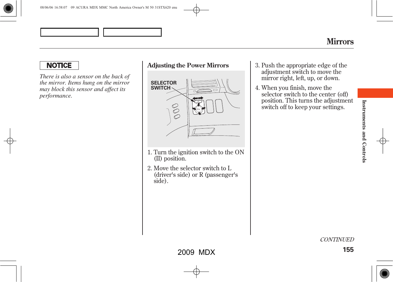 Mirrors, 2009 mdx | Acura 2009 MDX User Manual | Page 159 / 489