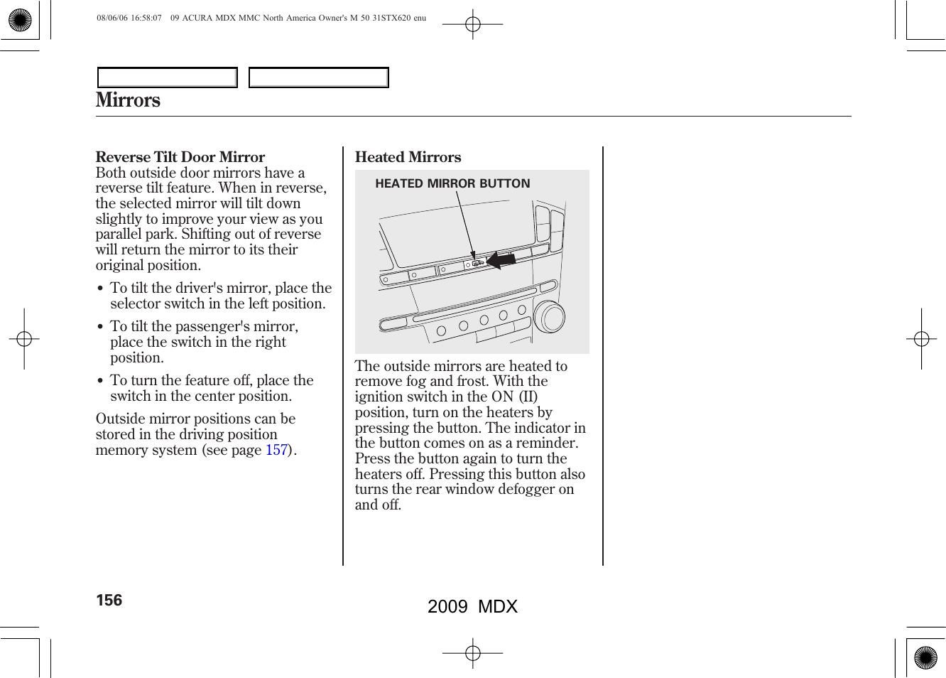 Mirrors, 2009 mdx | Acura 2009 MDX User Manual | Page 160 / 489