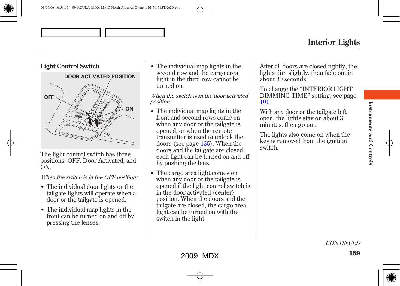 Interior lights, 2009 mdx | Acura 2009 MDX User Manual | Page 163 / 489