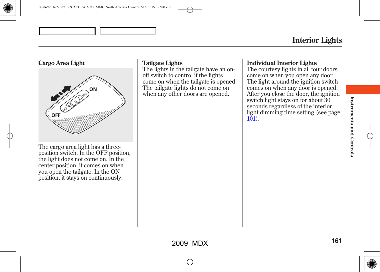 Interior lights, 2009 mdx | Acura 2009 MDX User Manual | Page 165 / 489