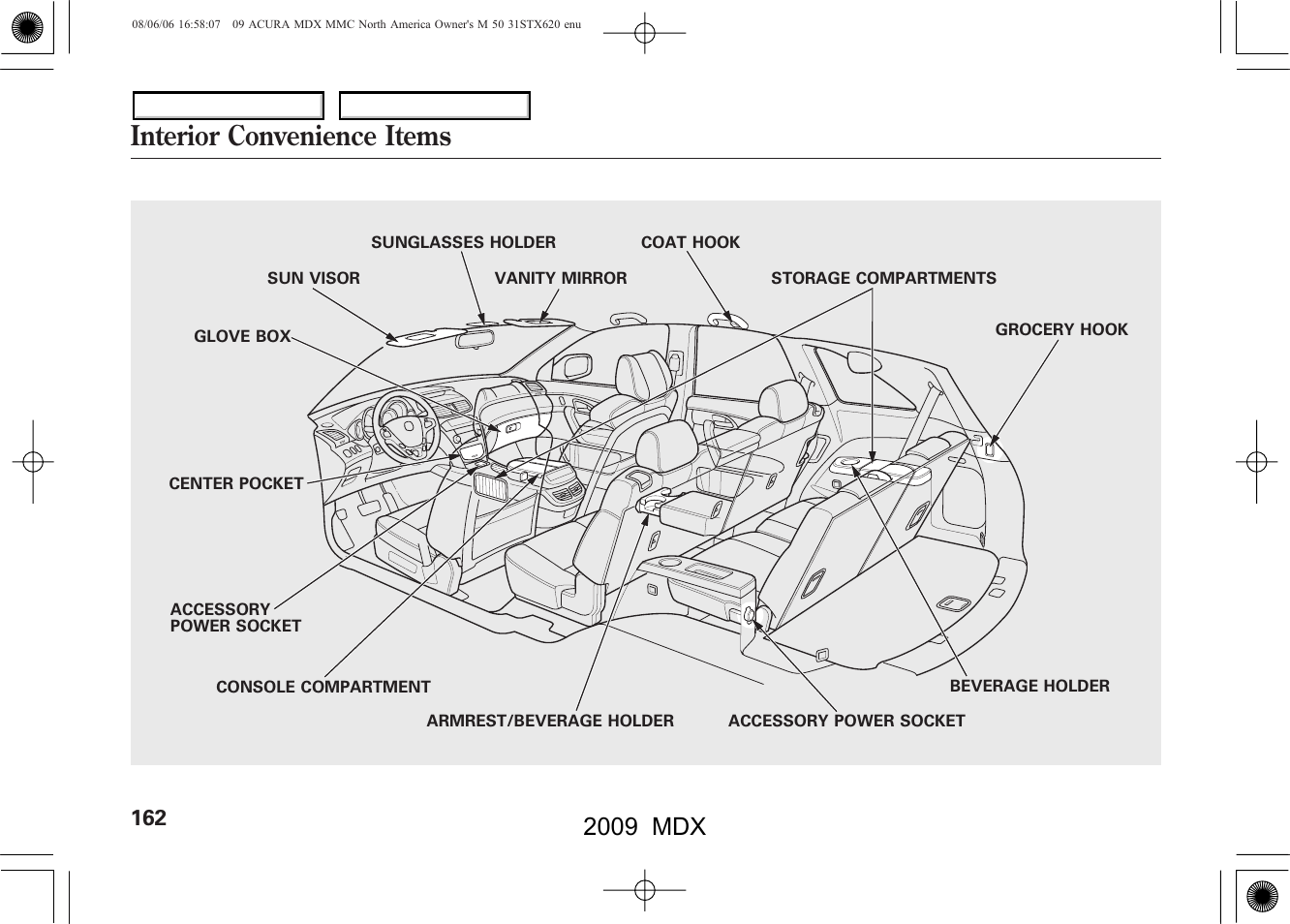 Interior convenience items, 2009 mdx | Acura 2009 MDX User Manual | Page 166 / 489