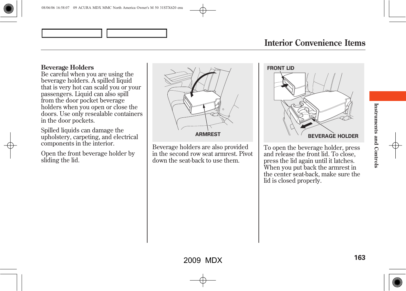 Interior convenience items, 2009 mdx | Acura 2009 MDX User Manual | Page 167 / 489