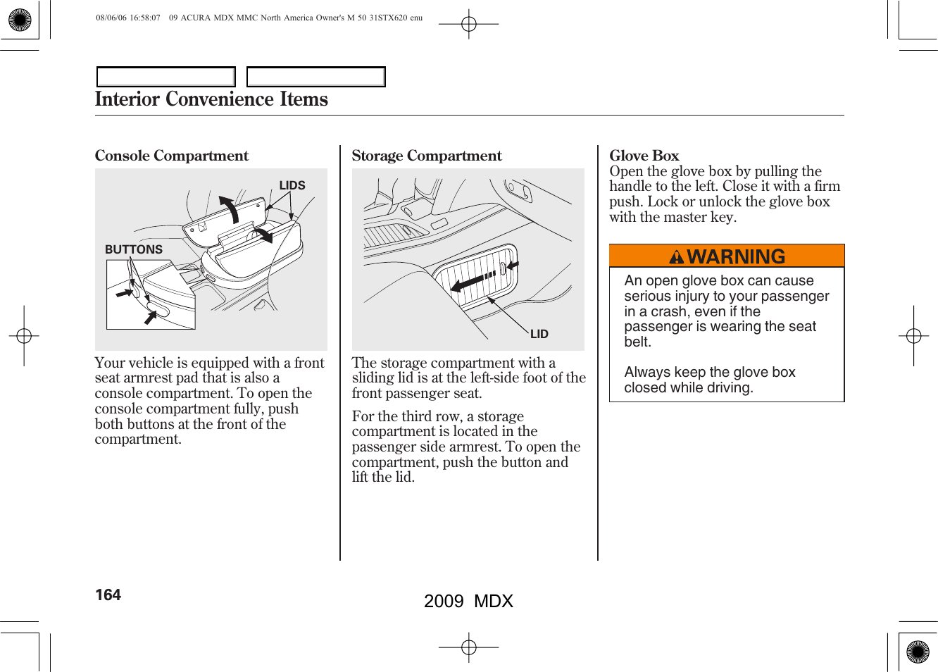 Interior convenience items, 2009 mdx | Acura 2009 MDX User Manual | Page 168 / 489