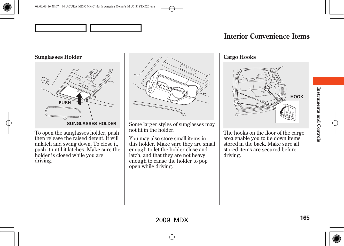 Interior convenience items, 2009 mdx | Acura 2009 MDX User Manual | Page 169 / 489