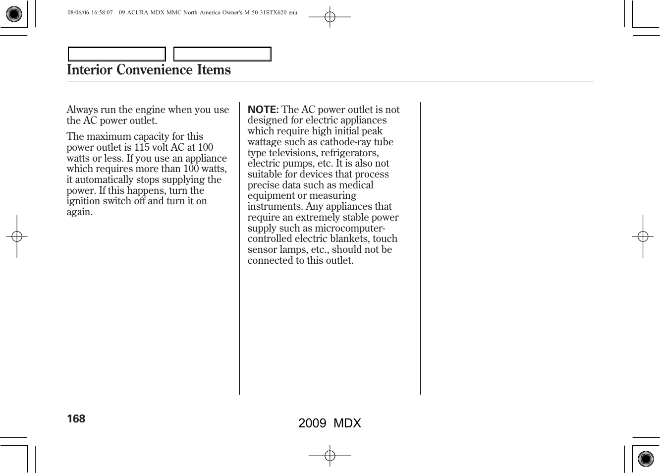 Interior convenience items, 2009 mdx | Acura 2009 MDX User Manual | Page 172 / 489