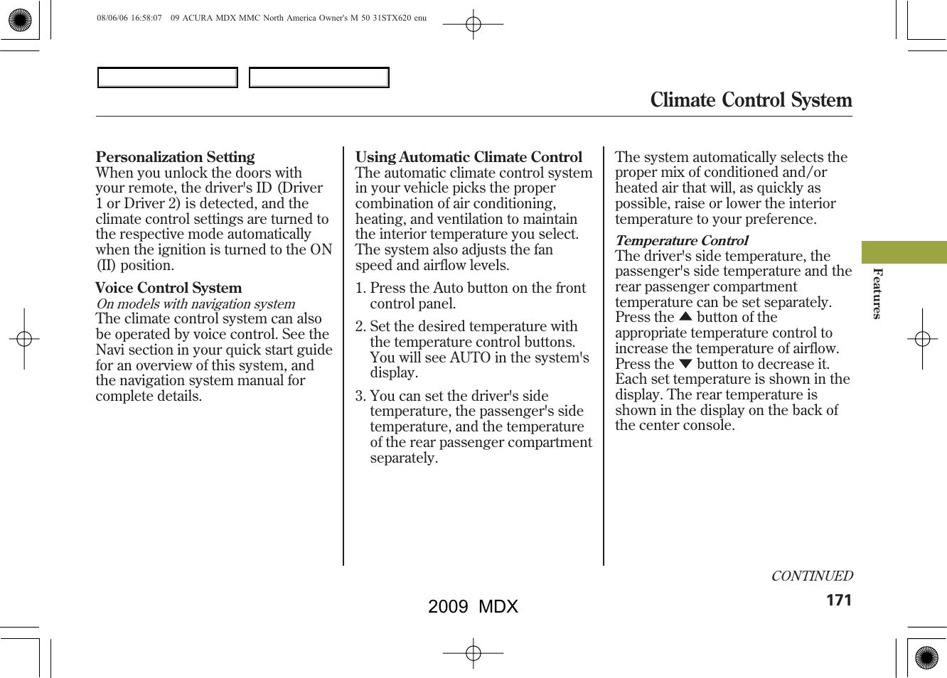 Climate control system, 2009 mdx | Acura 2009 MDX User Manual | Page 175 / 489