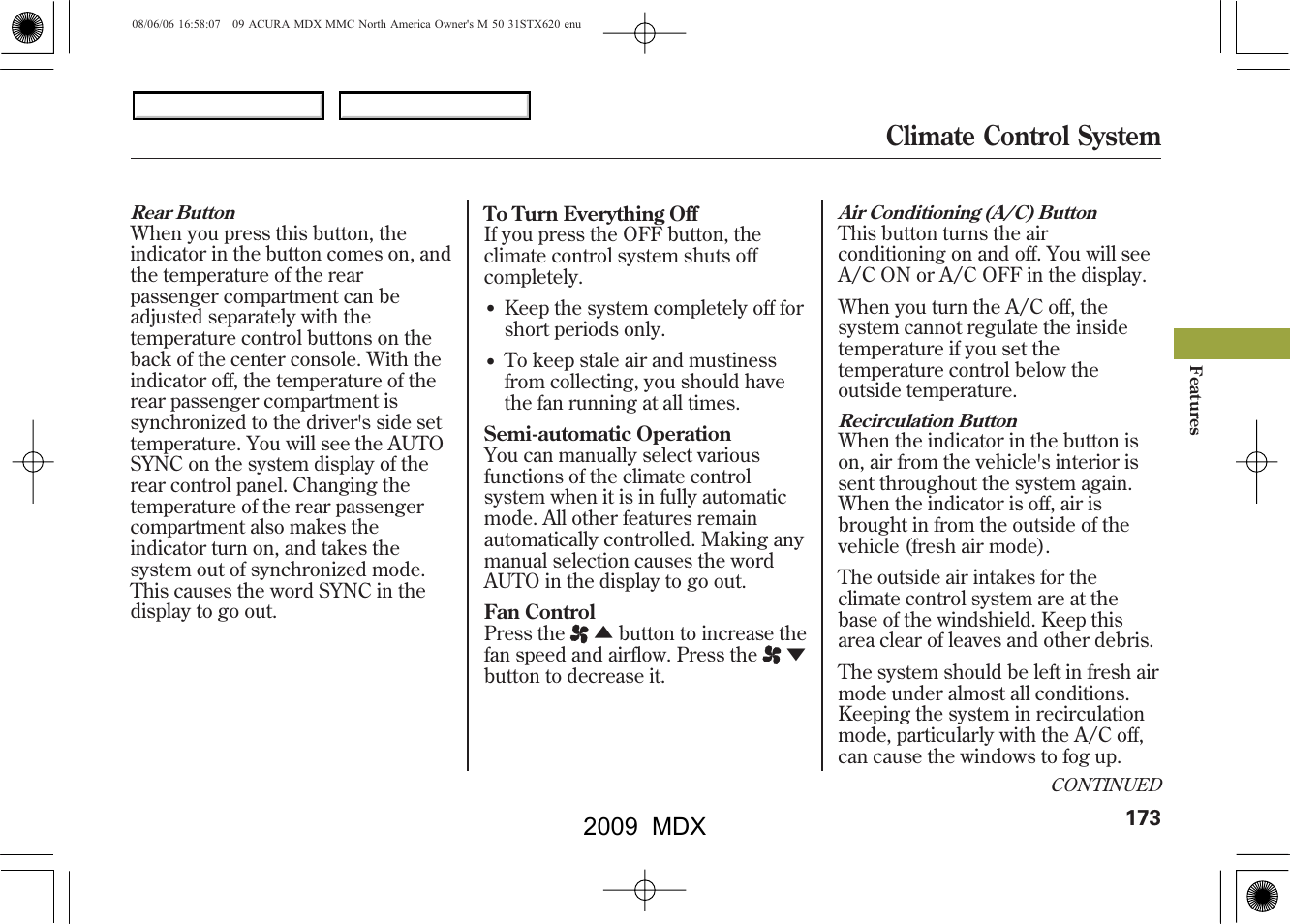 Climate control system, 2009 mdx | Acura 2009 MDX User Manual | Page 177 / 489