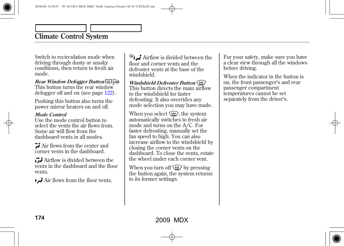 Climate control system, 2009 mdx | Acura 2009 MDX User Manual | Page 178 / 489