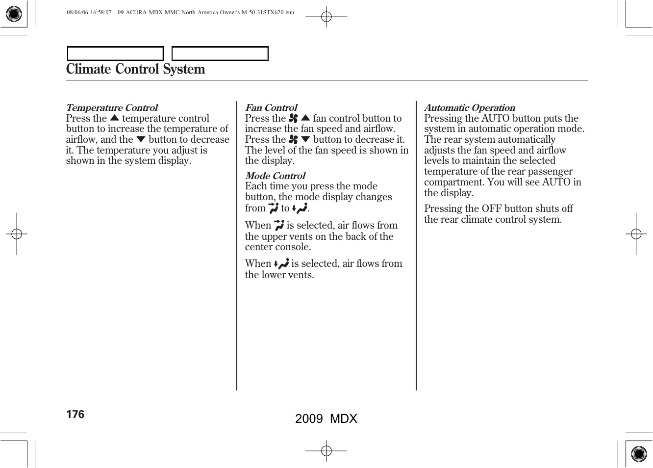 Climate control system, 2009 mdx | Acura 2009 MDX User Manual | Page 180 / 489