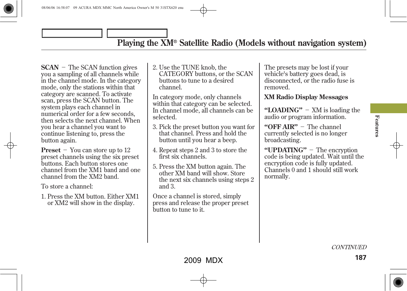Playing the xm, Satellite radio (models without navigation system), 2009 mdx | Acura 2009 MDX User Manual | Page 191 / 489