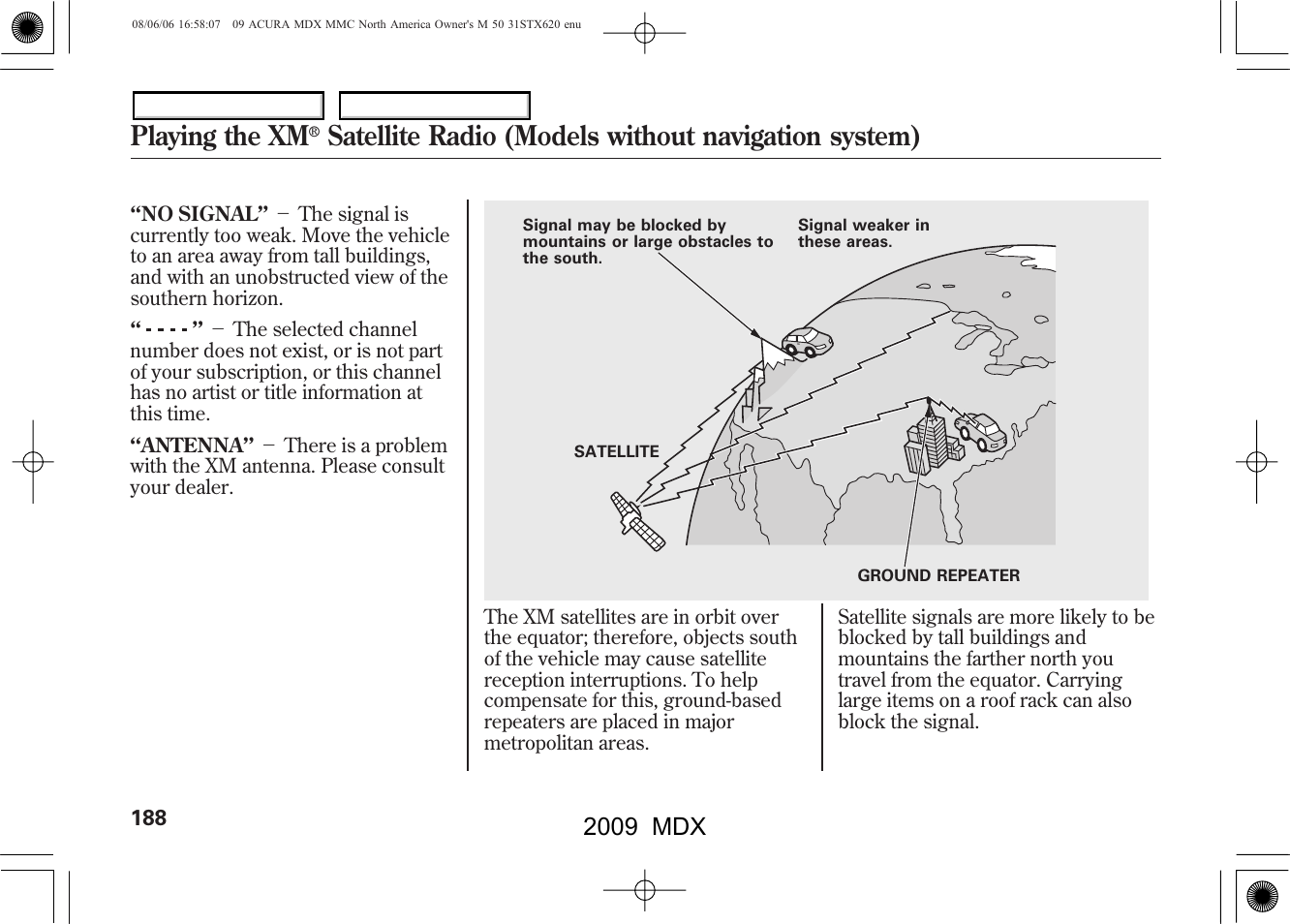 Playing the xm, Satellite radio (models without navigation system), 2009 mdx | Acura 2009 MDX User Manual | Page 192 / 489