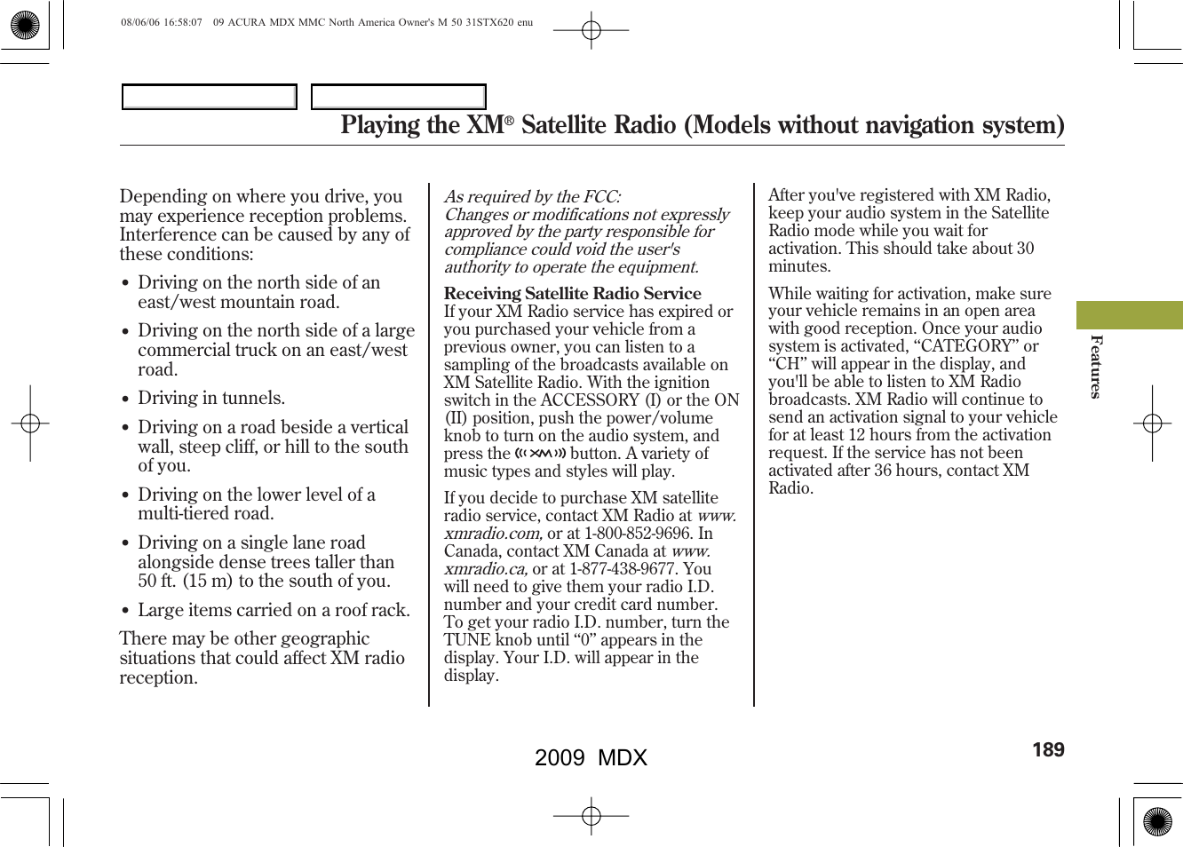 Playing the xm, Satellite radio (models without navigation system), 2009 mdx | Acura 2009 MDX User Manual | Page 193 / 489