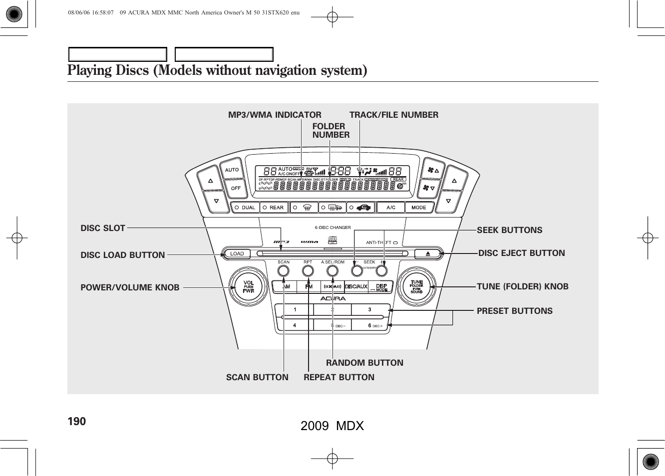 Playing discs (models without navigation system), 2009 mdx | Acura 2009 MDX User Manual | Page 194 / 489