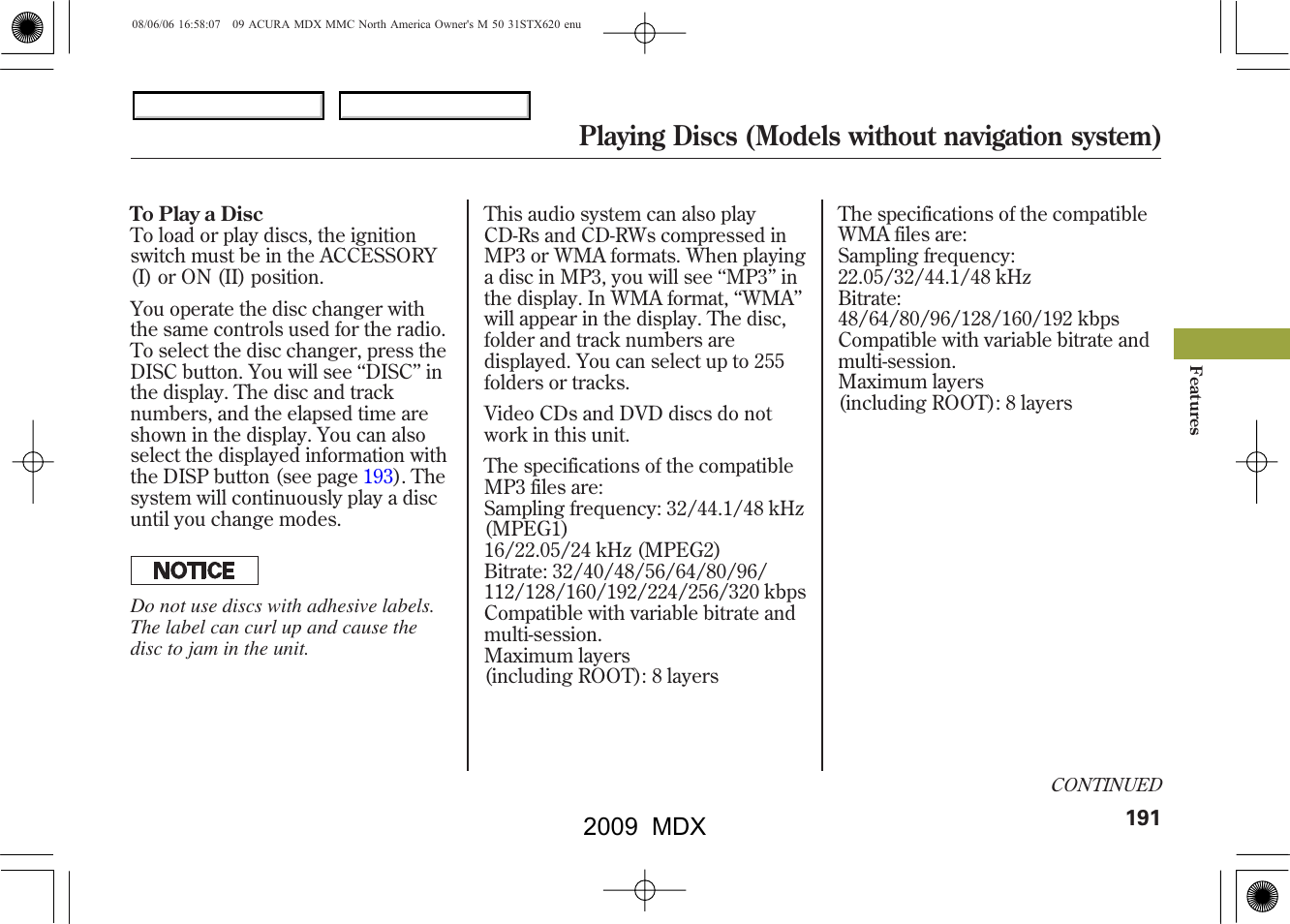 Playing discs (models without navigation system), 2009 mdx | Acura 2009 MDX User Manual | Page 195 / 489